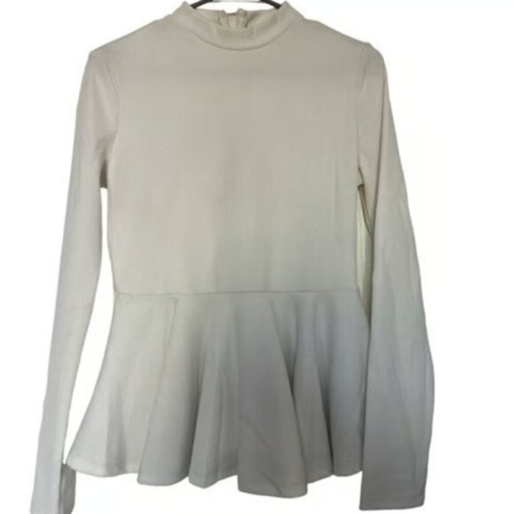 Shein White Ribbed Long Sleeve Peplum Blouse Size Med GUC #M-058